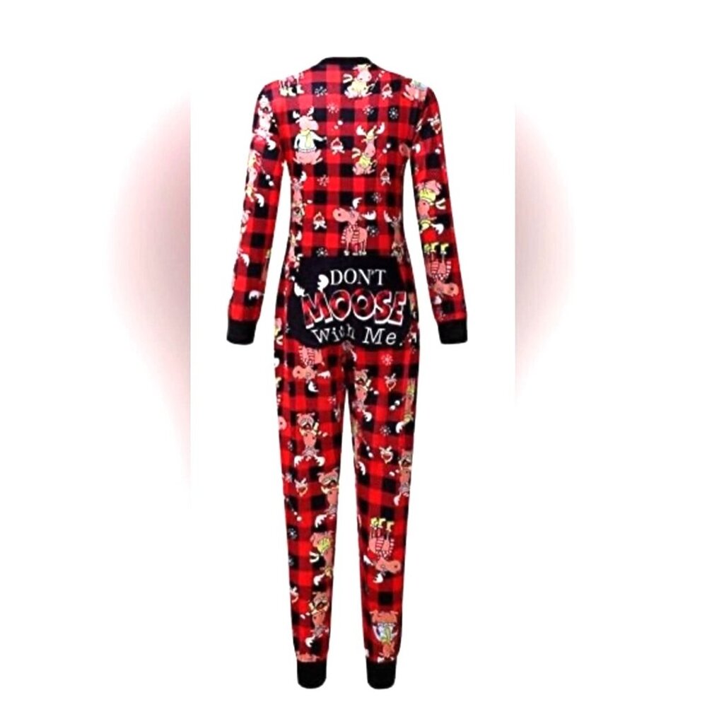 NEW Moose Christmas‎ "Don't moose with me" One Piece Pajama's Red Black Plaid S